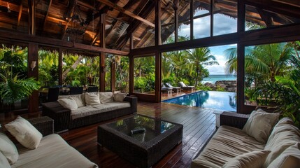 Fototapeta premium An inviting tropical home interior features living and outdoor spaces