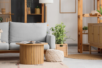 Interior of modern living room with grey sofa, houseplants and coffee table