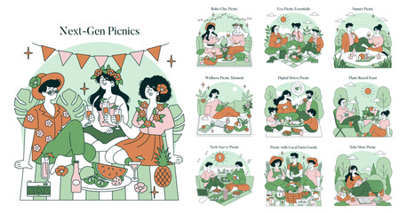 Fototapeta premium Modern Picnic Trends Vector Illustration with Groups Relaxing