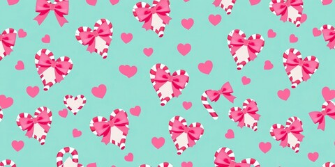 Seamless pattern of candy cane hearts with pink bows, perfect for Christmas textiles & paper goods, repeat, xmas