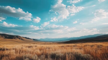 Panoramic vista of a golden, grassy valley under a vibrant blue sky with fluffy white clouds.  Mountains stretch in the distance