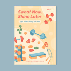 Flat style sport equipment training banner design background. Gym tools like dumbbell, barbell, and rope highlight workout and fitness. Eye concept for banners gym templates.