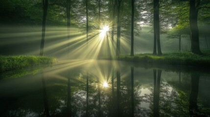 Fototapeta premium Sunlight shining through trees reflecting in calm water gracefully