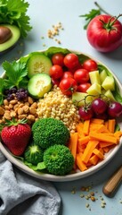 A wholesome spread of fruits, vegetables, and whole grains; a balanced and nutritious meal reflecting the principles of the granny diet , healthy eating, natural food
