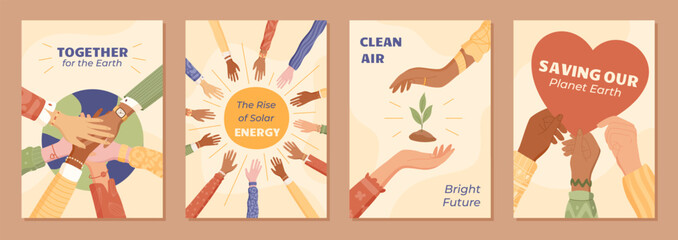 Flat banner design of volunteer community set. Set of hands with hearts, teamwork, and solidarity for nature, earth, and environment. Perfect for social posters charity.