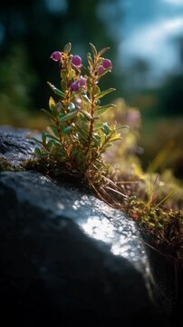 Close-up of twinflower plant, delicate purple flowers on rock with moss, sparkling with droplets in blurred background, natural beauty