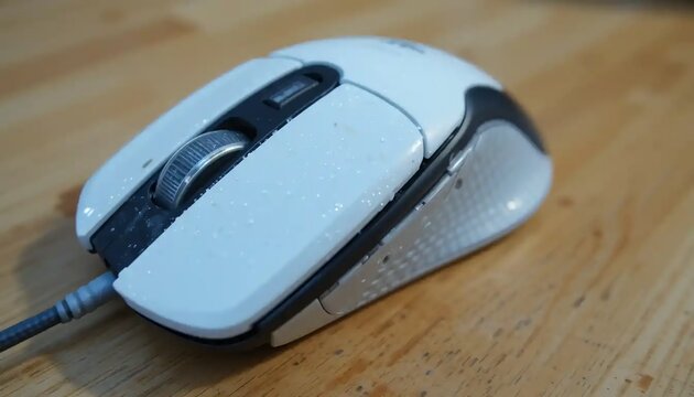 Wireless computer mouse resting on wooden desk surface