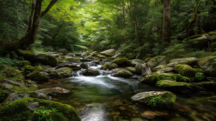 Obraz premium 清流と新緑に包まれる日本の山林