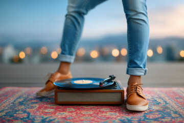 Man plays vinyl record on colorful carpet in urban setting. Warm dusk light creates nostalgic vibe with blurred city skyline. Concept of music enjoyment, home decor, lifestyle