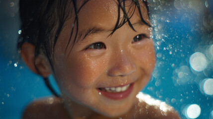 笑顔と水滴が輝く日本人の子