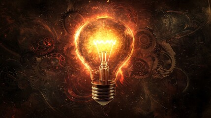 Conceptual image of a glowing light bulb representing a brilliant idea with gears and cogs swirling around it