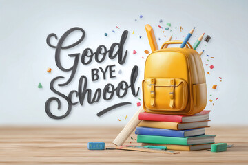 Colorful school-themed poster features bright backpack, open book, pencils, and rulers arranged playfully. Clean light background enhances energetic atmosphere