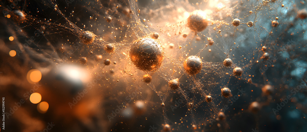 Poster quantum data visualization immersive digital network nodes in warm bronze tones - next-gen informati