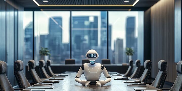 Corporate boardroom with AI driven assistants managing business operations efficiently