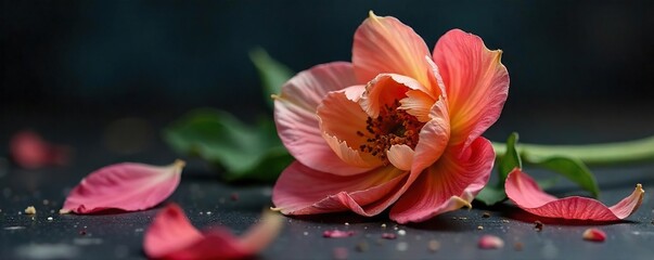 A close-up shot of a wilting flower, petals falling, signifying the finality of death and decay , perishing, total destruction, expiring