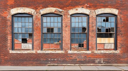 Four old brick building windows showing damage and disrepair details