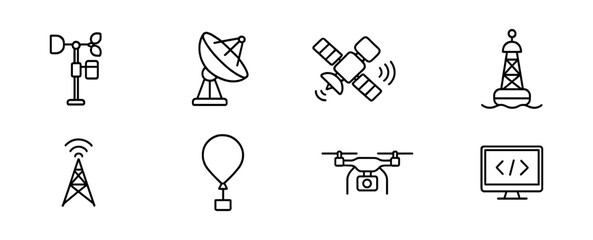 Weather and technology line icon set. satellite, drone, communication symbols.