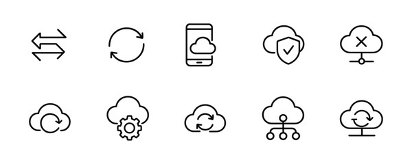 Cloud computing outline icon set. network, data, storage icons linear collection
