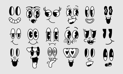 Comic style facial expressions set. Funky vector. Psychedelic. Vintage and retro style. Cute character. Smile, eyes, nose. Joyful, happy, sad, angry. Groovy collection. Emotions. Mascot stickers