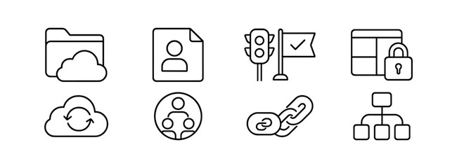 Cloud and network line icon set. file storage, security, connection outline collection