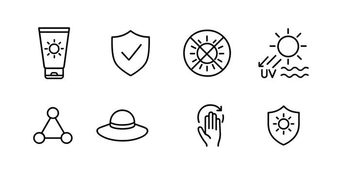 Sun protection outline icon set. sunscreen, uv safety, hat, shield icons collection