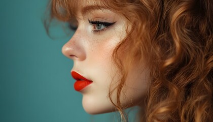 Fototapeta premium Close-up profile of a woman with red curly hair and vibrant lipstick.