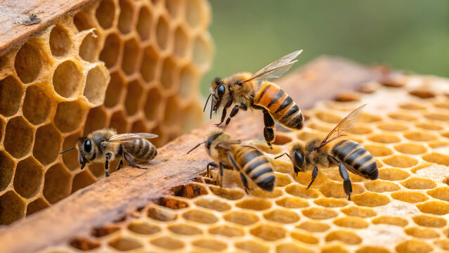 Closeup of honey bees on wax honeycomb with hexagonal cells for apiary and beekeeping concept background.