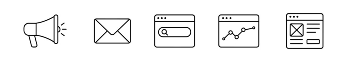 Marketing and seo line icon set. digital outreach, analysis, web icons collection