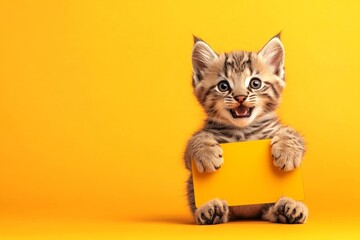 Obraz premium Studio beast for ad. Isolated baby animal on a solid uniform bright orange background. Furry mascot for promo. Cute baby animal manul hold in front paws a wireframe - large yellow zoo sign.