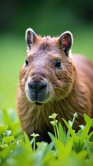 Fototapeta premium Capybara grazing on green grass, Close-up habitat focus, Chewing motion with natural light, Textured fur and mouth interaction