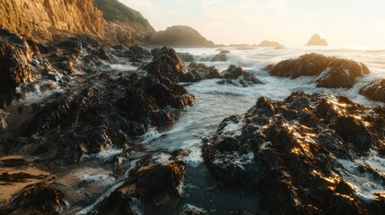 Obraz premium The rocky coastline with waves meeting the shore under sunlight