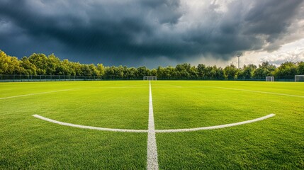 Empty championship pitch under stormy clouds, dramatic lighting and untouched white lines