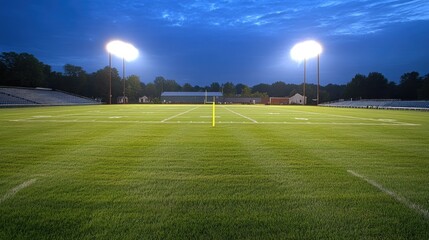 Fototapeta premium Evening shot of stadium lights turned on with empty stands and green field in perfect condition