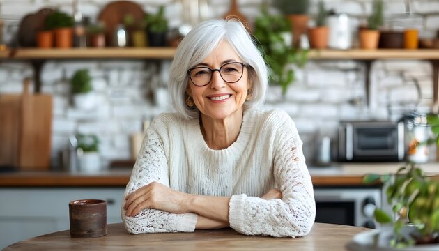 Smiling senior woman sitting at a kitchen table.
