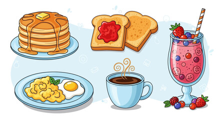Delicious Breakfast Feast Cartoon Illustration Set