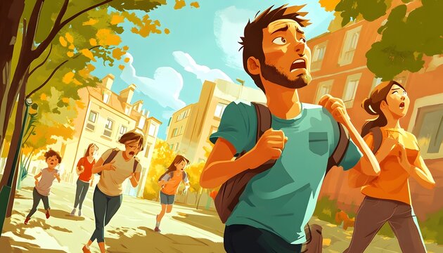 People running through a city street in a state of fear.