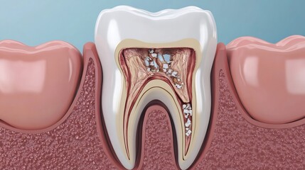 Cross section 3D illustration of a tooth with cavities showing internal damage and decay progression medical and educational infographic