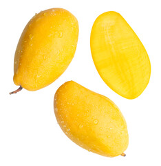 Top view set of two ripe yellow mangoes with half and water droplets isolated with clipping path in png file format