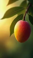 Mango hanging from tree with dew drops in morning light