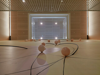 Modern art installation featuring interconnected spheres and lines, creating a network-like structure in a stockholm gallery, symbolizing communication and flow