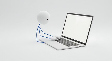 Minimalist stick figure with blue limbs typing on a sleek white