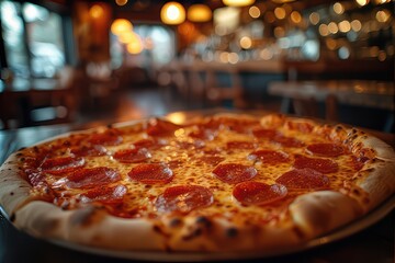 A delicious pepperoni pizza on a table in a cozy restaurant with a blurred background, inviting diners to enjoy a taste of classic Italian cuisine .