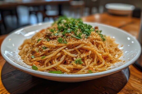 A plate of pasta with green onions and parsley