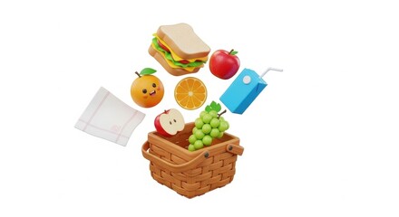 Celebration of national picnic month with basket, fruits, sandwich, and juice