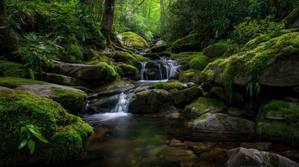 Serene Mossy Forest Stream High-Resolution 8K Nature Photography