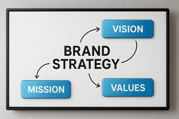 Brand Strategy Framework: Vision, Mission, and Values. A simple yet effective visual representation of the core components of a successful brand strategy.  