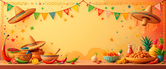 Horizontal Banner Mexican Party with Food, Decoration and Party Props