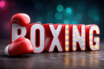 Boxing word art constructed from realistic boxing equipment. Dark textured gym floor creates intense atmosphere with dramatic overhead lighting. Concept of sports marketing, fitness, boxing gyms