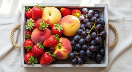 Vibrant summer picnic selection with fresh peaches grapes and strawberries for national picnic month