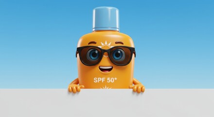 Cute sunscreen bottle character promoting uv safety awareness with sunglasses and smile